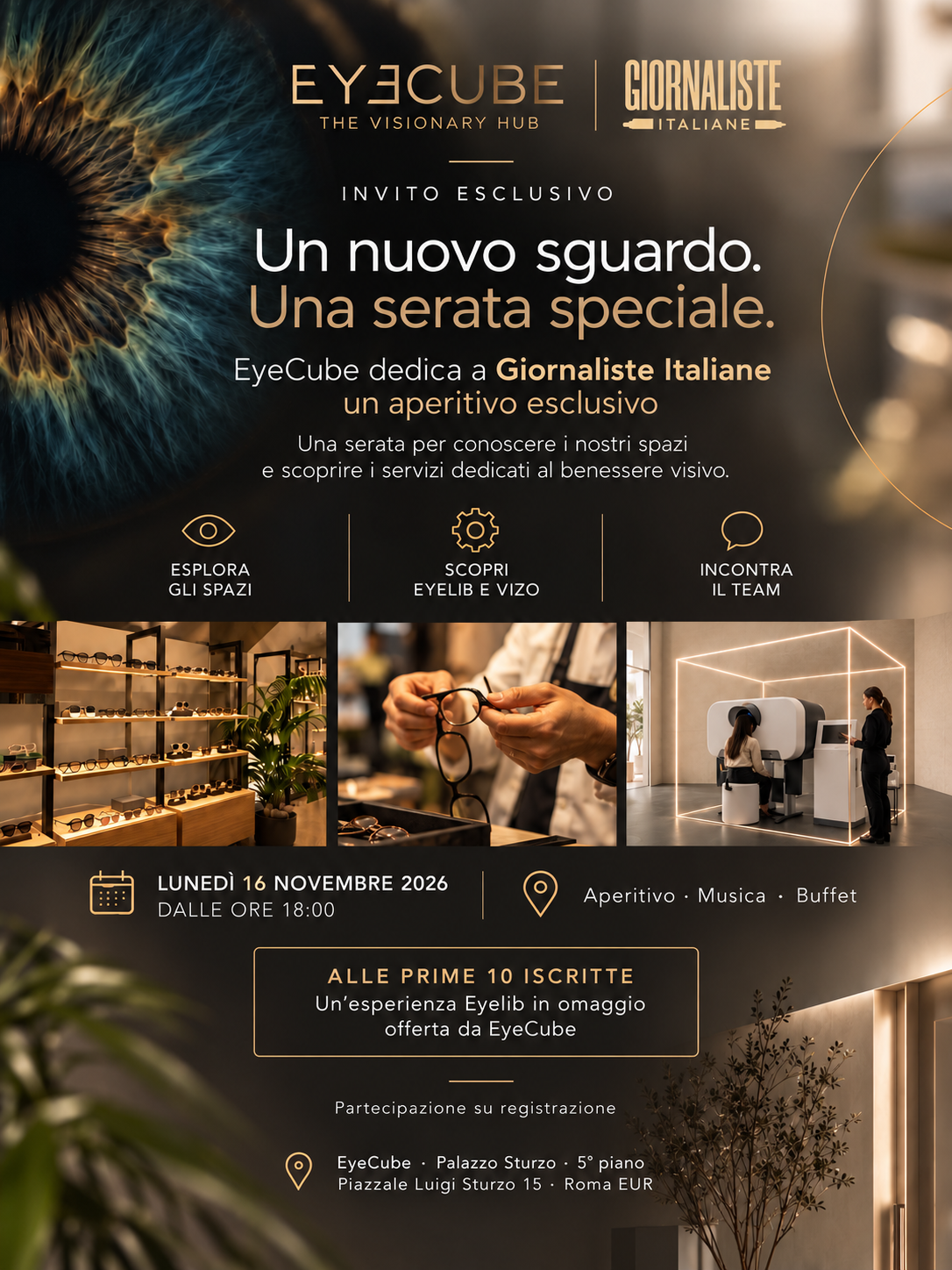 Invito EyeCube per Giornaliste Italiane: 16 novembre dalle 18, aperitivo, musica e buffet.
